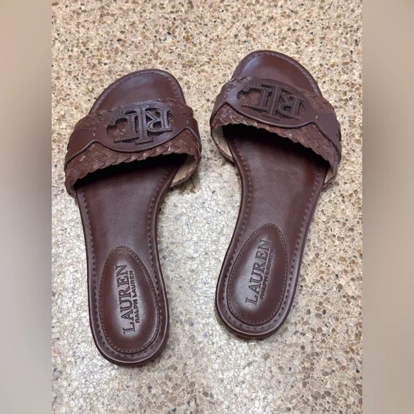 Lauren Ralph Lauren Alegra Woven Leather Brown Slide Sandals - Picture 1 of 10